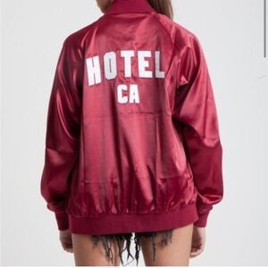 Hotel 1171 Hotel CA Cherry Red‎ Satin Leopard Print Unisex Bomber Jacket*FLAWS*